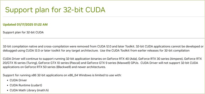 Сообщение Nvidia о будущем поддержки 32-битной CUDA. (Источник изображения: Nvidia)