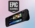 Логотип Epic Games виден над Steam Deck от Valve