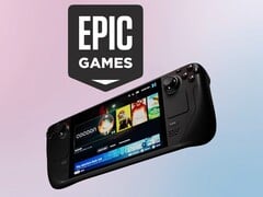 Логотип Epic Games виден над Steam Deck от Valve