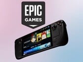 Логотип Epic Games виден над Steam Deck от Valve