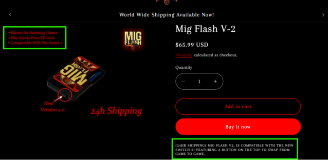 сайт migflashunited.com заявляет о совместимости с Switch 2 в двух разных местах на странице товара, хотя другие сайты не делают таких заявлений (Источн