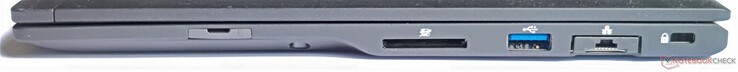 Справа: Отсек для SIM, кнопка питания, картридер (SD), 1x USB A 3.1 Gen 1, RJ-45 Ethernet 10/100/1000, Kensington