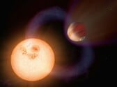 Художественная иллюстрация, изображающая экзопланету и звезду.