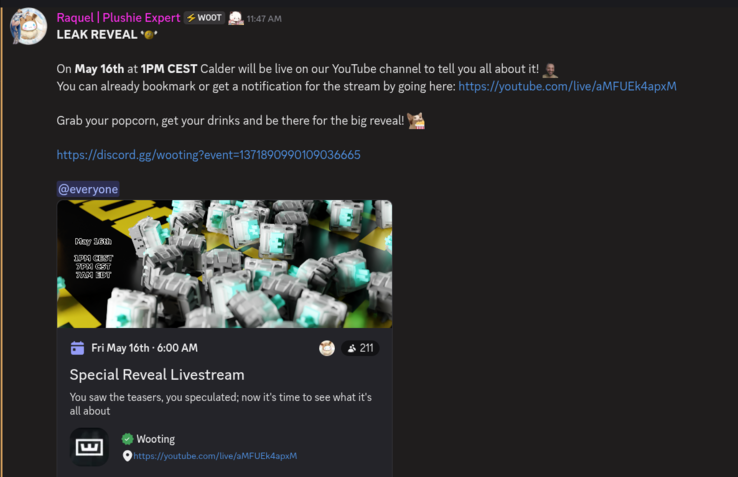Анонс Wooting Discord для запуска livestream 16 мая