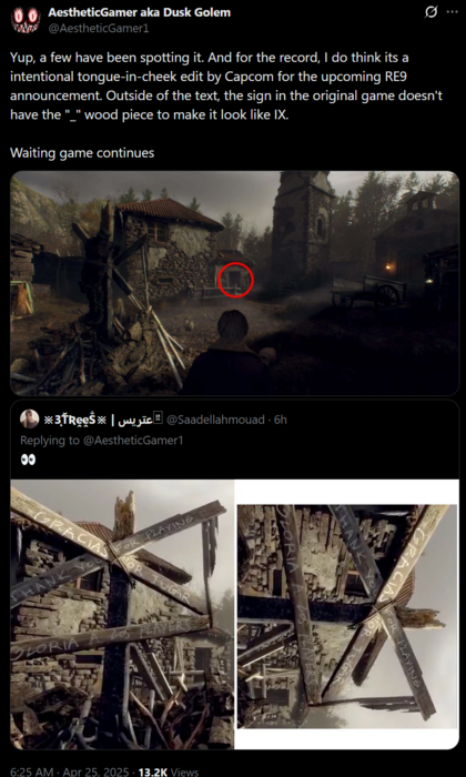 Dusk Golem Resident Evil 9 signpost comments on X (Источник изображения: AestheticGamer aka Dusk Golem X account)