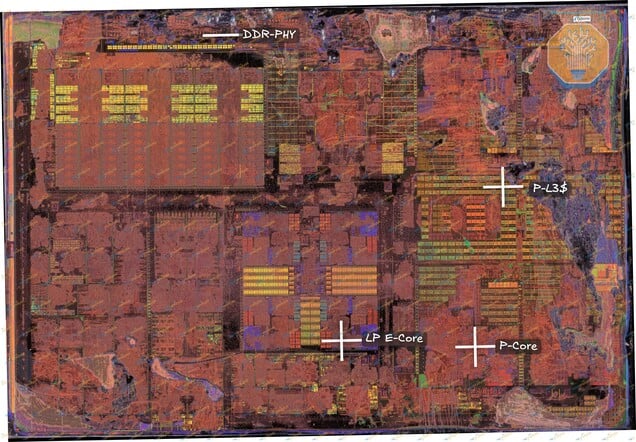 Вычислительный модуль Intel 18A Panther Lake с ядрами ЦП, кэш-памятью и интерфейсами памяти.