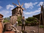 Изображение, на котором изображены крестьянин и мельница в игре «Medieval Dynasty».