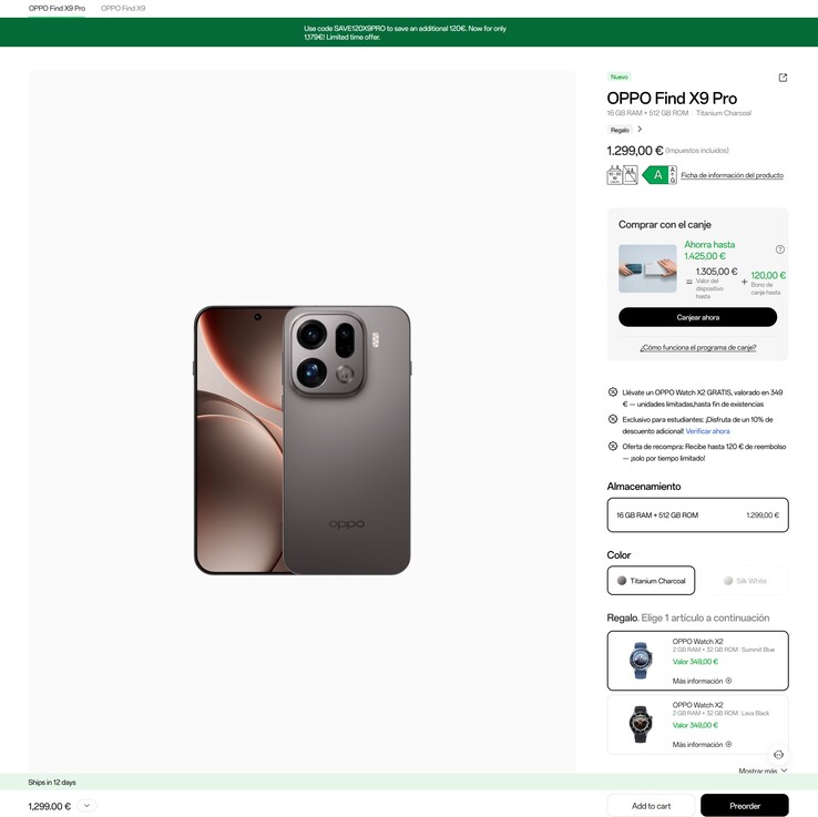 В Испании покупатели получат скидку 120 евро на Oppo Find X9 Pro и бесплатные часы Oppo Watch X2.