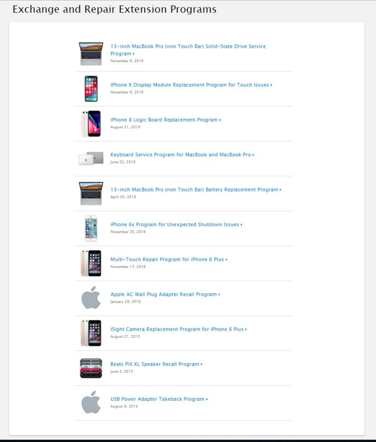 Полный список программ замены и ремонта Apple, австралийская версия сайта. (Скриншот: Notebookcheck)