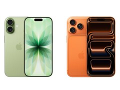 Боковое изображение зеленого iPhone 17 с двойной камерой и оранжевого iPhone 17 Pro с тройной камерой. (Источник изображения: Apple)