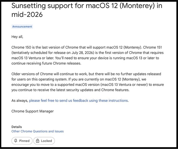 Chrome 150 станет последней версией Google Chrome, поддерживающей macOS Monterey. (Источник изображения: Google)