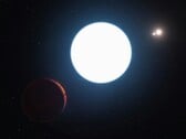 Художественная иллюстрация, изображающая нейтронную звезду и планеты.