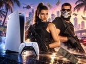 Персонажи GTA 6 рядом с PS5 и контроллером DualSense.