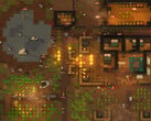 Скриншот игрового процесса RimWorld: колония под атакой, пожары, животные и здания.