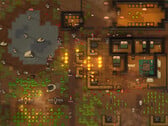 Скриншот игрового процесса RimWorld: колония под атакой, пожары, животные и здания.