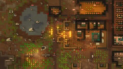 Скриншот игрового процесса RimWorld: колония под атакой, пожары, животные и здания.