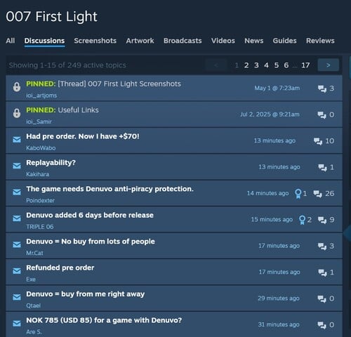 Жалобы Denuvo на форуме 007 First Light Steam