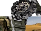 Крупный план часов Casio G-Shock Mudmaster GWG-B1000-1A3, демонстрирующий их чёрный корпус, акценты на циферблате цвета светло-коричневого, оливково-зелёный ремешок, прочные защитные накладки и надпись «Triple Sensor» на фоне военного снаряжения и пустынного пейзажа.