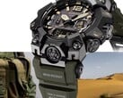 Крупный план часов Casio G-Shock Mudmaster GWG-B1000-1A3, демонстрирующий их чёрный корпус, акценты на циферблате цвета светло-коричневого, оливково-зелёный ремешок, прочные защитные накладки и надпись «Triple Sensor» на фоне военного снаряжения и пустынного пейзажа.