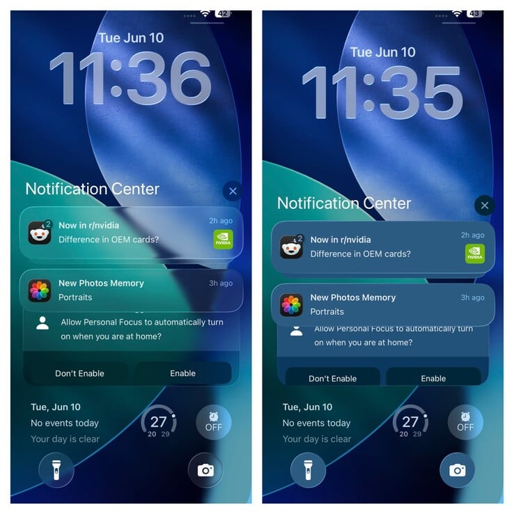 экран блокировки iOS 26 с прозрачностью и без. (Источник изображения: Vaidyanathan S. on X)