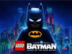 LEGO Бэтмен в классическом костюме на фоне залитого дождём горизонта Готэм-Сити.