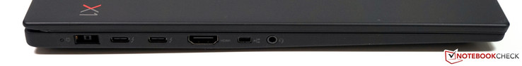 Левая сторона: разъем питания (SlimTip), 2x Thunderbolt 3 с USB-C (USB 3.1 Gen.2, DisplayPort), HDMI 2.0, Mini-Ethernet, аудио разъем