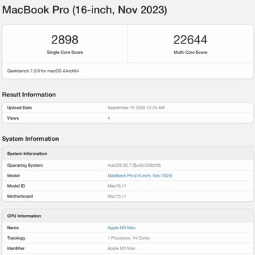 Результаты теста Apple M3 Max в Geekbench 7.