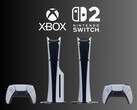 Консоли PS5 показаны под логотипами Xbox и Nintendo Switch 2 (Источник изображения: Sony PlayStation, Microsoft Gaming, Nintendo of America с правками)
