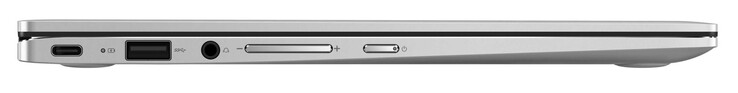 Левая сторона: USB 3.2 Gen 1 (Type-C; DisplayPort, Power Delivery), USB 3.2 Gen 1 (Type-A), аудио разъем, качелька регулировки громкости, клавиша включения