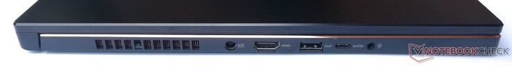Слева: Гнездо питания, HDMI 2.0b, 1x USB A 3.2 Gen 2, 1x USB C 3.2 Gen 2 (DisplayPort 1.4), совмещённый аудиопорт 3.5 мм