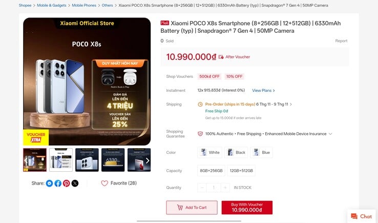 Страница Poco X8s в том виде, в котором она появилась в официальном магазине Xiaomi на Shopee во Вьетнаме