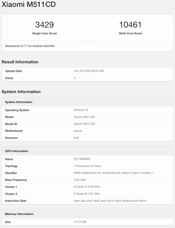 Запись в базе данных Geekbench, предположительно относящаяся к модели Redmi K100 Pro.