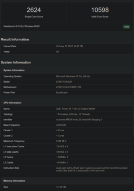 Листинг Ryzen AI 7 450 Geekbench (источник изображения: Geekbench)