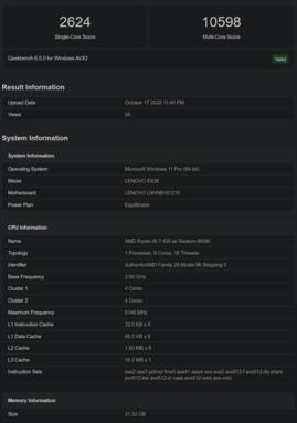 Листинг Ryzen AI 7 450 Geekbench (источник изображения: Geekbench)