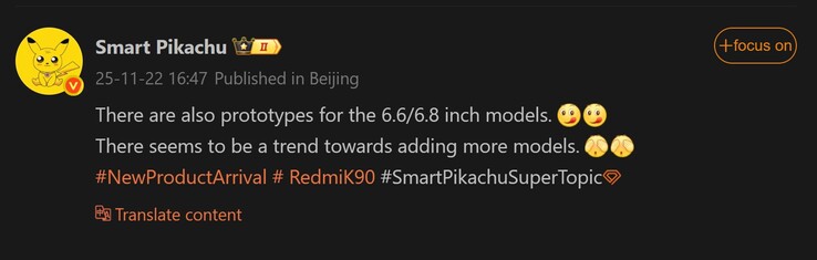 Умный Пикачу сообщает о размере экрана Redmi K90 Pro (Источник изображения: Weibo - машинный перевод)