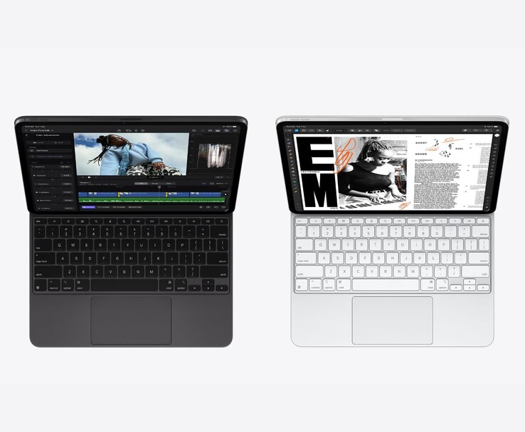 Apple модели iPad Pro M5 в черном и серебристом цветах с клавиатурой Magic Keyboard, демонстрирующие приложения для редактирования видео и работы с документами на OLED-дисплее Ultra Retina XDR (Источник изображения: Apple)