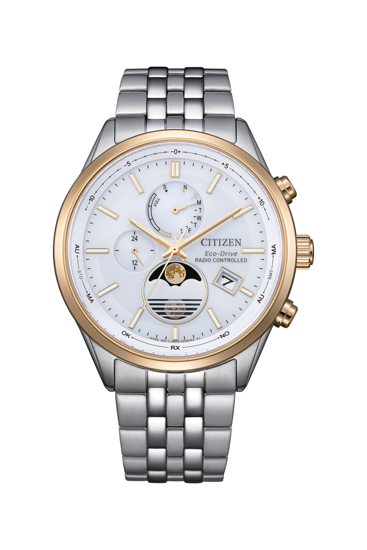 Часы Citizen BY1034-59A Eco-Drive с индикатором фаз Луны, белым циферблатом и двухцветным браслетом из нержавеющей стали.