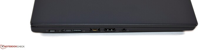 Слева: 1x USB C 3.1 Gen 1 (Power Delivery), 1x Thunderbolt 3, mini-Ethernet, 1x USB A 3.0, HDMI 1.4b, аудио 3.5 мм