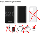 Содержимое розничной упаковки Samsung Galaxy, на котором изображены телефон, коробка и чехол, а зарядное устройство, кабель и наушники зачеркнуты