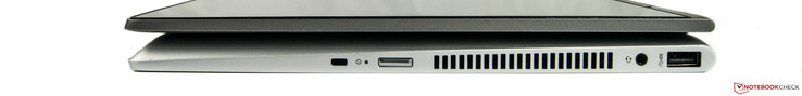Левая сторона: порт USB-A, комбинированный аудио разъем, клавиша включения, замок