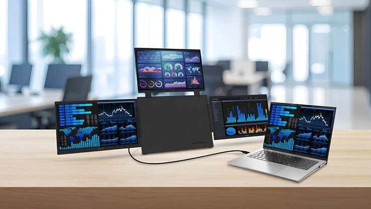 На изображении показан портативный монитор Acer PD163Q, подключённый к ноутбуку в режиме расширения экрана