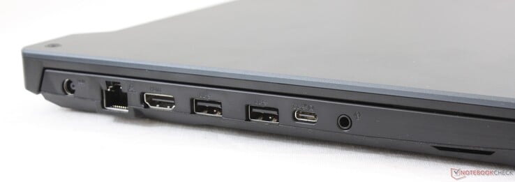 Левая сторона: разъем питания, гигабитный Ethernet, HDMI 2.0b, 2x USB 3.0 Type-A, USB Type-C 3.2 Gen. 2 c DisplayPort 1.4, комбинированный аудио разъем