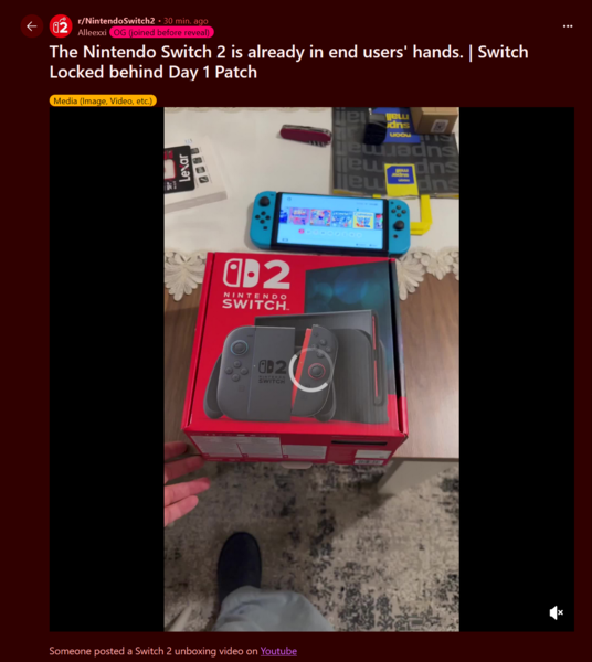 Видео распаковки Nintendo Switch 2 на Reddit (Источник изображения: Nintendo Switch 2 subreddit)