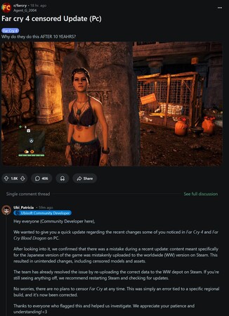Сообщение о цензуре в Far Cry 4 на Reddit (Источник изображения: скриншот, сабреддит Far Cry 4)