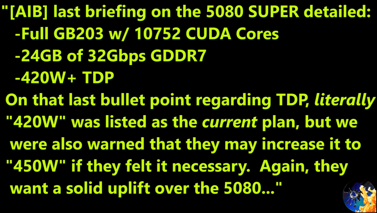Утечка спецификаций RTX 5080 Super. (Источник изображения: Moore's Law Is Dead на YouTube)