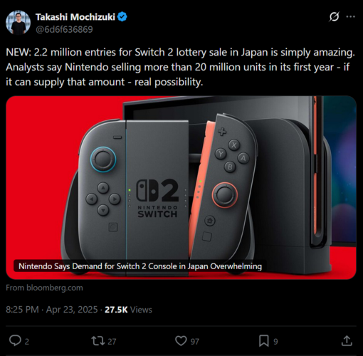 Сообщение Такаши Мочизуки X о продажах Switch в первый год (Источник изображения: скриншот, аккаунт Такаши Мочизуки X)