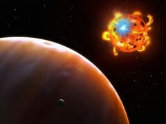 Иллюстрация, на которой показаны звезда, экзопланета и естественный спутник.
