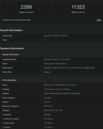 Оценка AMD Ryzen 5 7500X3D в Geekbench (источник изображения: Geekbench)