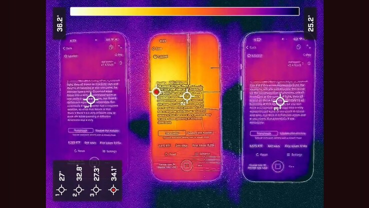 Apple характеристики охлаждения iPhone 17 Pro (слева) против iPhone 16 Pro (посередине) против iPhone 17 (справа). (Источник изображения: Argmax)