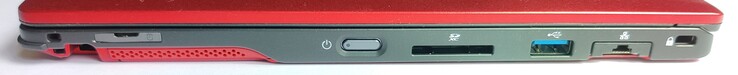 Правая сторона: слот для хранения стилуса, слот SIM, кавиша включения, картридер, 1x USB Type-A 3.1 Gen1, гигабитный Ethernet, слот замка Kensington